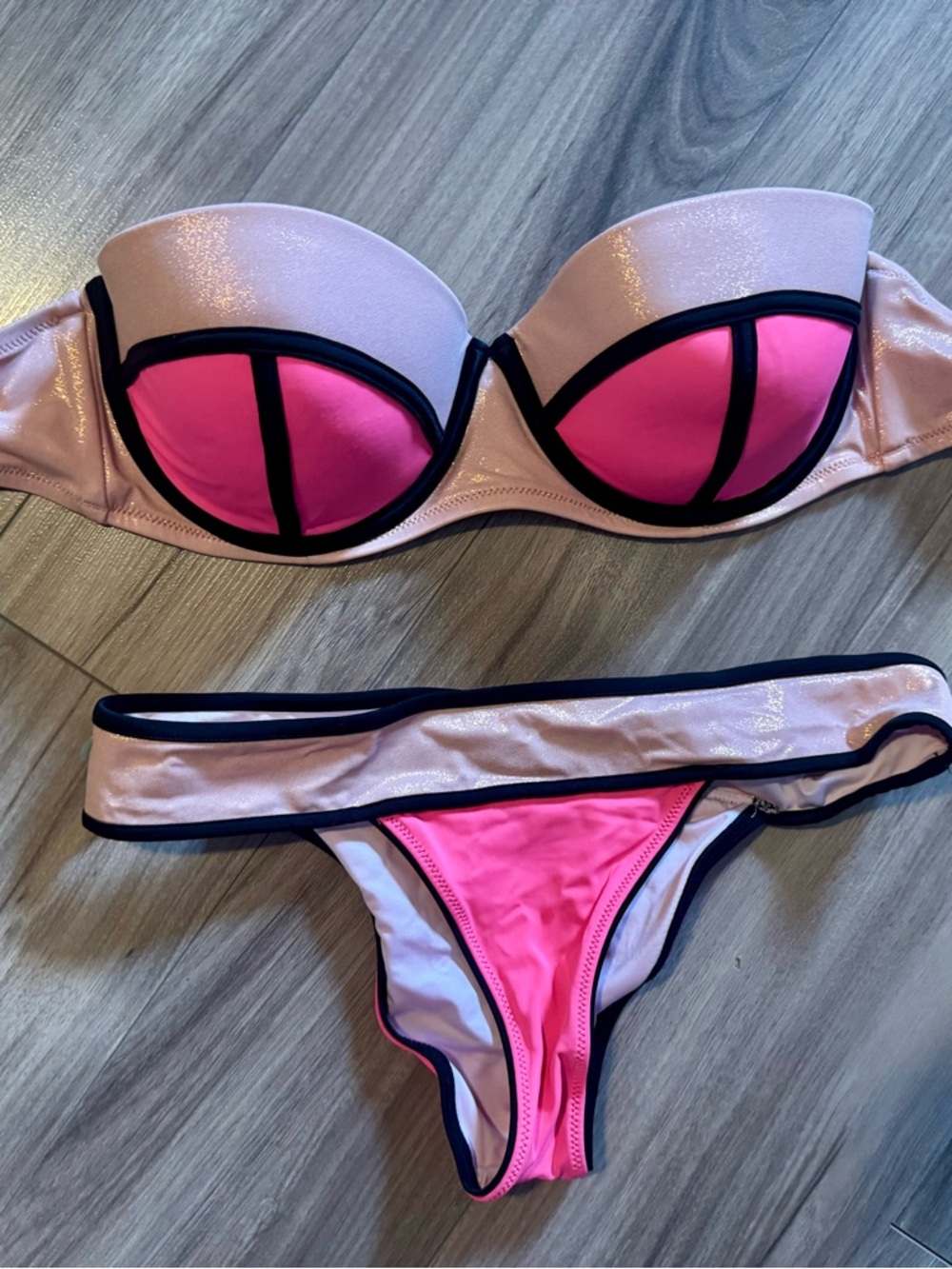 Victoria's Secret Pink and Light Pink Bikini Set with Black Trim
